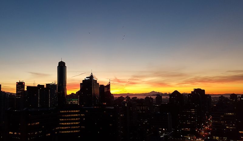 City skyline at sunrise